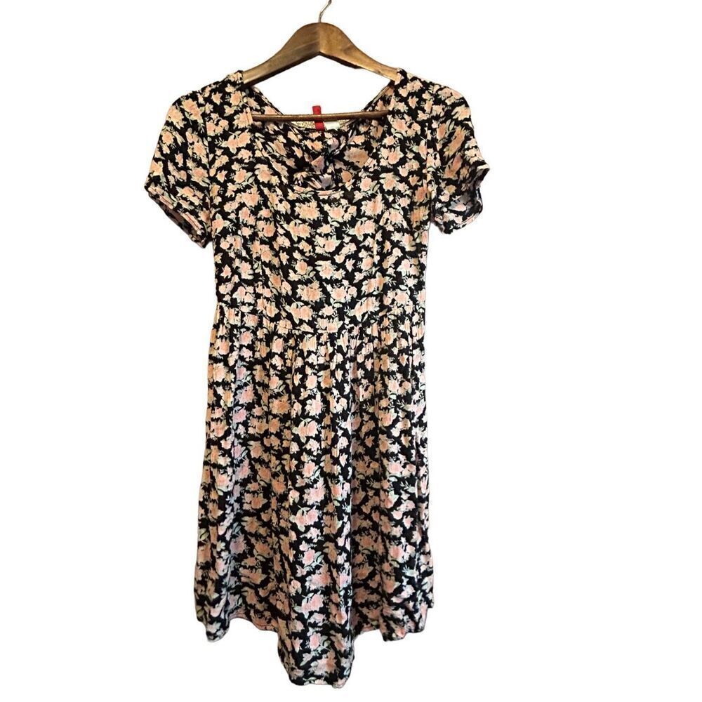 Floral Midi Dress Black Pink‎ Short Sleeve Casual Spring Summer